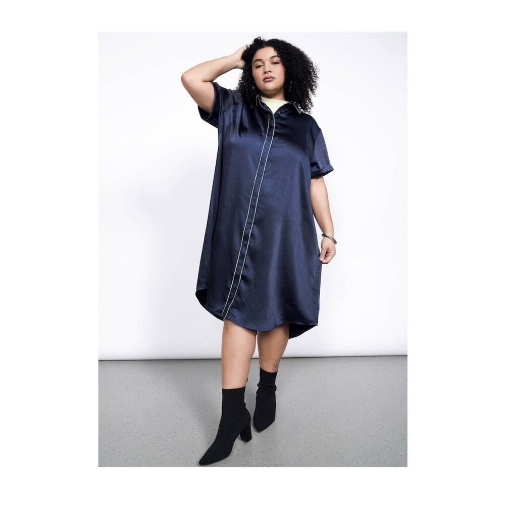 Wildfang The Empower Satin Shirt Dress Navy Blue Unisex Size MEDIUM NEW